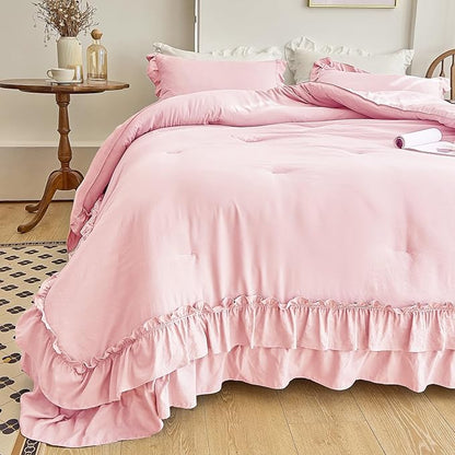 AIKASY Peach Pink Ruffle Comforter Set Queen, 3 Pieces Vintage Ruffle Fringe Comforter, Farmhouse Rustic Microfiber Down Alternative Bedding