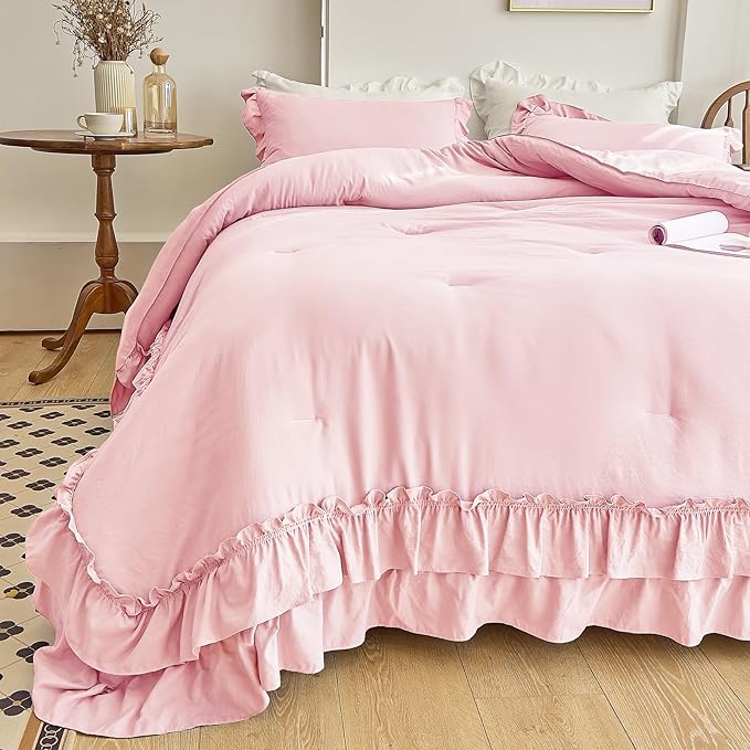 AIKASY Peach Pink Ruffle Comforter Twin, 3 Pieces Vintage Ruffle Fringe Comforter, Farmhouse Rustic Microfiber Down Alternative Bedding Comforter Set (1 Comforter + 2 Pillow Shams)