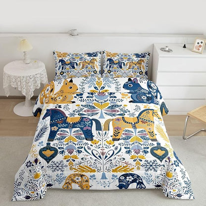 Floral Horse Comforter Sets Full Size,Rustic Squirrel Bird Bedding Set 3Pcs for Kids Girls Boys Women Room Decor,Boho Flower Leaves Quilted Duvet Scandinavian Style Down Comforter,2 Pillowcases
