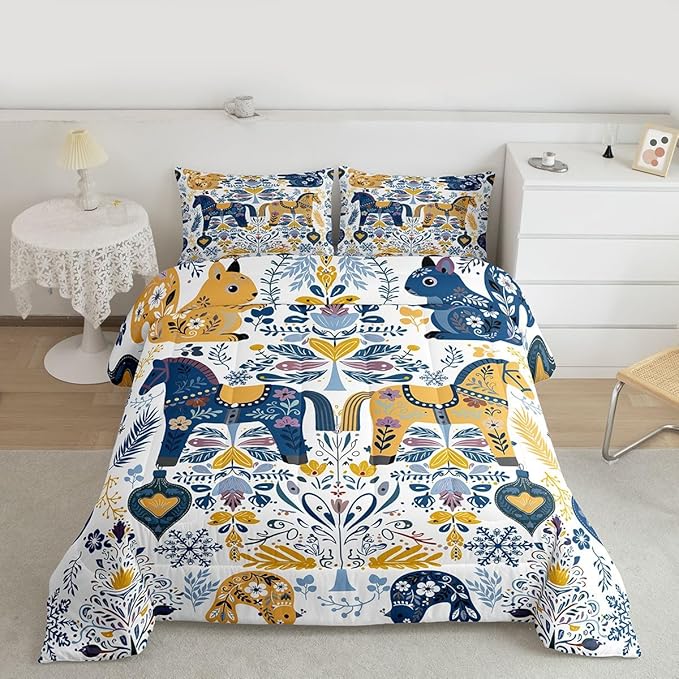 Floral Horse Comforter Set Twin Size,Rustic Squirrel Bird Bedding Sets 2Pcs for Kids Girls Boys Women Room Decor,Boho Flower Leaves Duvet Insert Scandinavian Style Down Comforter,1 Pillowcase