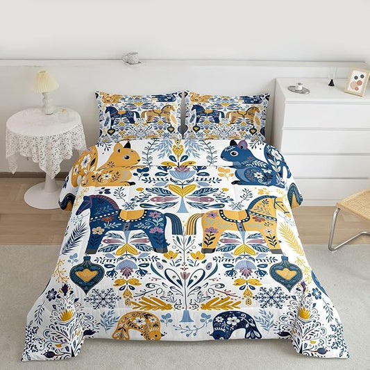 Floral Horse Comforter Set Queen Size,Rustic Squirrel Bird Bedding Sets 3Pcs for Kids Girls Boys Women Room Decor,Boho Flower Leaves Quilted Duvet Scandinavian Style Down Comforter,2 Pillowcases