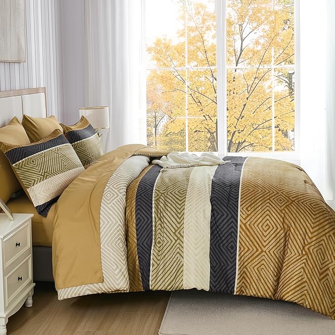 Drucon Brown Comforter Set Queen Size 7 Piece Bed in a Bag, Boho Striped Bedding Set, Soft Microfiber Comforter and Sheet Set for All Season (Queen, 90"x90")