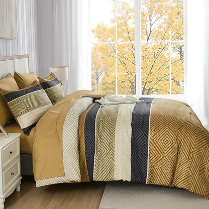 Drucon Brown Comforter Set Queen Size 7 Piece Bed in a Bag, Boho Striped Bedding Set, Soft Microfiber Comforter and Sheet Set for All Season (Queen, 90"x90")