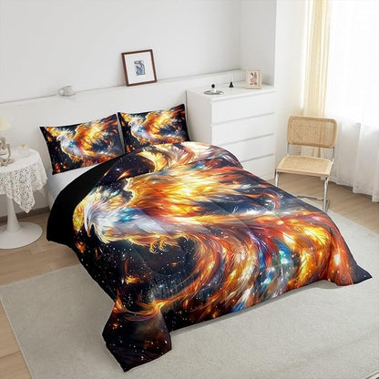 Manfei Phoenix Comforter King for Kids Adults Youth,Rainbow Birds Wildlife Colorful Feather Quilt Comforter Room DecorGlitter Galaxy Universe Quilted Duvet Duvet Insert,2 Pillowcases