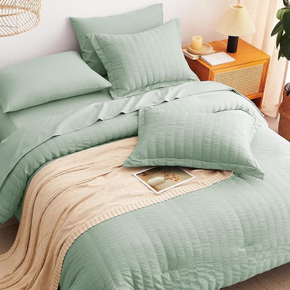 CozyLux Queen Comforter Set Sage Green Seersucker 7 Pieces Bed in a Bag Queen Comforter Set with Sheets Luxury Soft Bedding Set with Down Alternative Comforter, Sheets, Pillowcases & Shams All Season