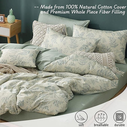 Botanical Cotton Comforter King Size - Dusty Green Comforter Printed with Luxrious Greyish-Green Ferns on Beige,Reversible Lightweight Bedding Sets 3Pcs(104"×90")