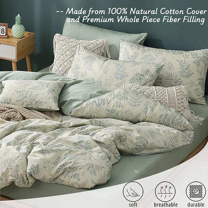 Botanical Cotton Comforter Queen Size - Dusty Green Comforter Printed with Luxrious Greyish-Green Ferns on Beige,Reversible Lightweight Bedding Sets 3Pcs(90"×90")