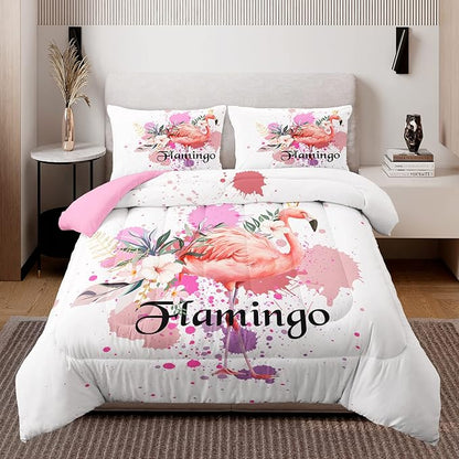 HOSIMA Flamingo Comforter,Pink Flamingo Wearing a Crown Love and Romantic Animal Artwork Room Decor,Twin Bedding Sets for Girls Women,Colorful Ink Floral Bedding Set with 2 Pillowcases.