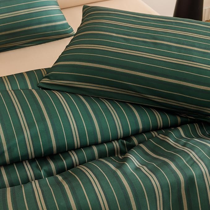 CLOTHKNOW Green Striped King Size Comforter Set Farmhouse Bedding Comforter Sets Ticking Farmhouse Comforter with 2 x Pillow Cases
