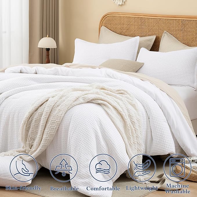 David's Home Waffle Weave Comforter Set 3PCS King Size, Soft Breathable Lightweight Cozy Skin-Friendly Warm for All Season, Elegant Aesthetic Home Decor Bedding Set with Pillow Shams, White