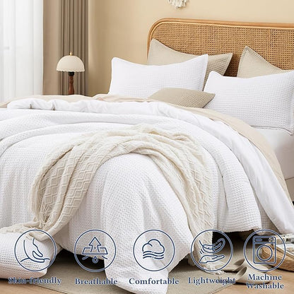 David's Home Waffle Weave Comforter Set 2PCS Twin Size, Soft Breathable Lightweight Cozy Skin-Friendly Warm for All Season, Elegant Aesthetic Home Decor Bedding Set with Pillow Shams, White