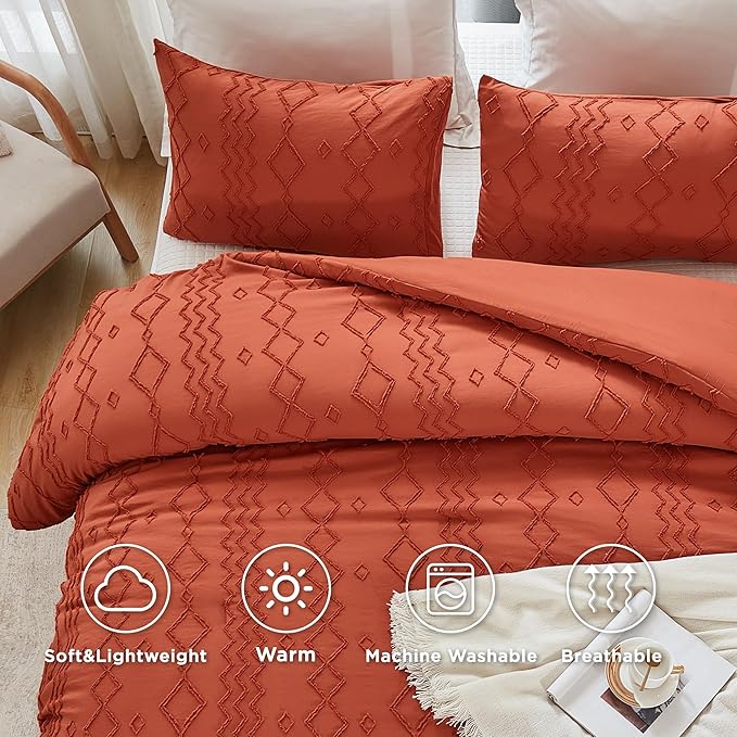Andency Terracotta Tufted Fall Comforter Set Full(79x90Inch), 3 Pieces(1 Boho Comforter, 2 Pillowcases) Textured Farmhouse, Soft Microfiber Down Alternative Geometric Fall Bedding Set