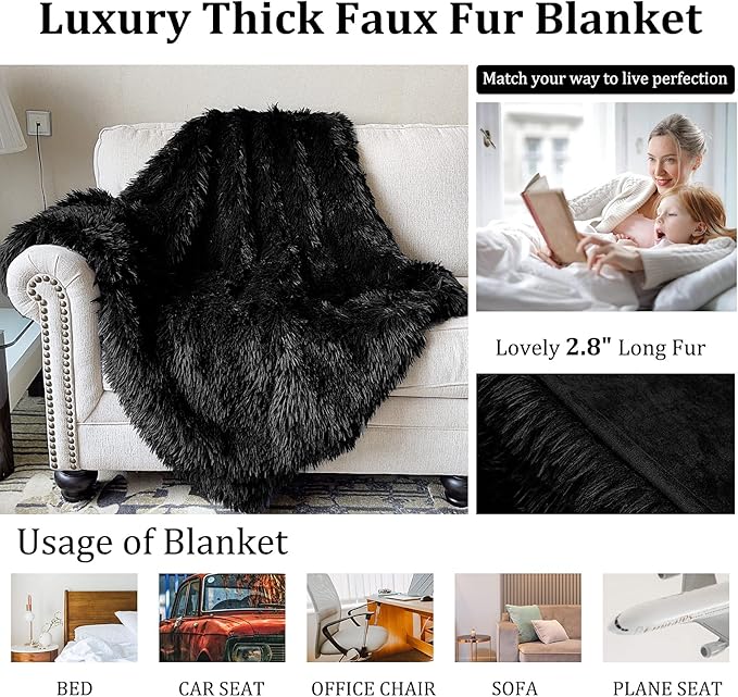 JONIYEAR Decorative Soft 2.8" Long Pile Fluffy Faux Fur Throw Blanket 50" x 60", Solid Luxury Fuzzy Plush Blanket for Couch Sofa Bed, Accent Cozy Shaggy Lightweight Blankets for Pet,Thick,Warm, Black
