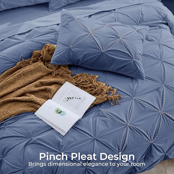 Sasttie Queen Comforter Set, 7-Piece Bed in a Bag, Pintuck Bedding Sets for All Season, Includes Comforter, Flat Sheet, Fitted Sheet, Pillowcases and Pillowshams, Slate Blue