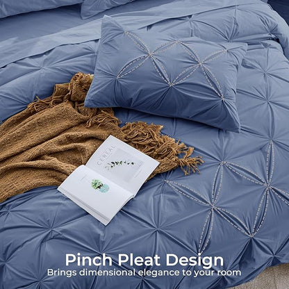 Sasttie Queen Comforter Set, 7-Piece Bed in a Bag, Pintuck Bedding Sets for All Season, Includes Comforter, Flat Sheet, Fitted Sheet, Pillowcases and Pillowshams, Slate Blue