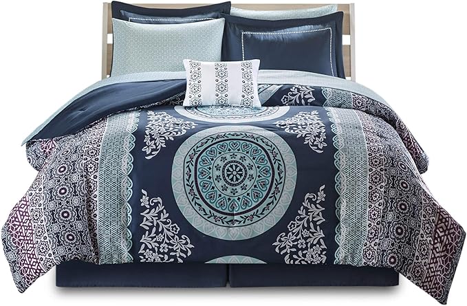 Intelligent Design Complete Bed In A Bag Casual Boho Comforter with Sheet Set Decorative Pillow, All Season Bedding Set, Twin, Loretta Navy 7 Piece