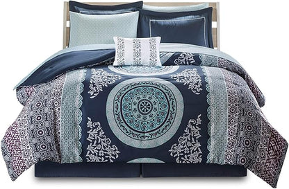 Intelligent Design Complete Bed In A Bag Casual Boho Comforter with Sheet Set Decorative Pillow, All Season Bedding Set, Twin, Loretta Navy 7 Piece