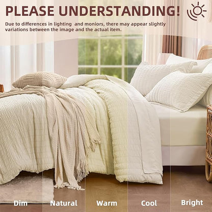 FUANNA King Size Comforter Set 7 PCS, Luxury Seersucker Bed in a Bag King for All Seasons, Soft King Bedding Set with Comforter, Flat Sheet, Fitted Sheet, Pillowcases & Shams for Bedroom, Cream White