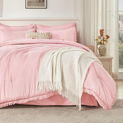 Andency Full Size Comforter Set Light Pink -7 Pieces Boho Tassel Bed in a Bag Soft Lightweight Bedding Sets, Fringe All Season Bed Set with Comforter, Sheets, Pillowcases & Shams