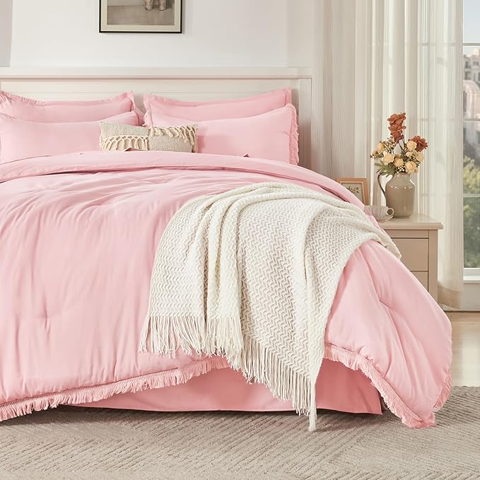 Andency King Size Comforter Set with Sheets Light Pink - 7 Pieces Bed in a Bag Boho Soft Lightweight Bedding Sets, Tassel Bed Set with Comforter, Sheets, Pillowcases & Shams