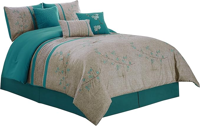 Chezmoi Collection Noriko Luxury 7-Piece Teal Cherry Blossoms Floral Embroidery Bedding Comforter Set, Full