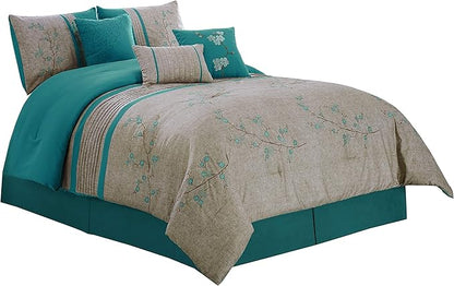 Chezmoi Collection Noriko Luxury 7-Piece Teal Cherry Blossoms Floral Embroidery Bedding Comforter Set, Full