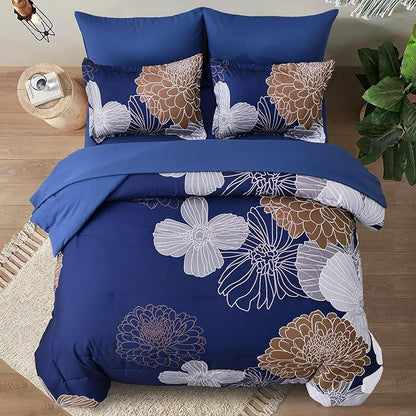 Yiran 7 Pieces Floral Comforter Bedding Sets Bed in a Bag Navy Brown Soft Microfiber Comforter Set with Comforter, Sheets, Pillowcases & Shams King Size 104"×90"