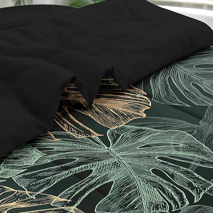 Comforter Set Full Size, Green Golden Tropical 7 Pcs Bedding for Kids and Adults, Leaves Monstera Palm Leaf Bed Sheet Sets with Fitted Sheet 2 Pillowcases & 2 Shams for Bedroom Bed Decor