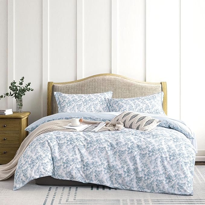 Vintage Cotton Comforter King Size 3Pcs - Elegant Pale Slate Blue Floral Pattern on White with Light Blue & White Striped Reverse, Luxurious Lightweight Bedding Sets with Soft Fill(104"×90")