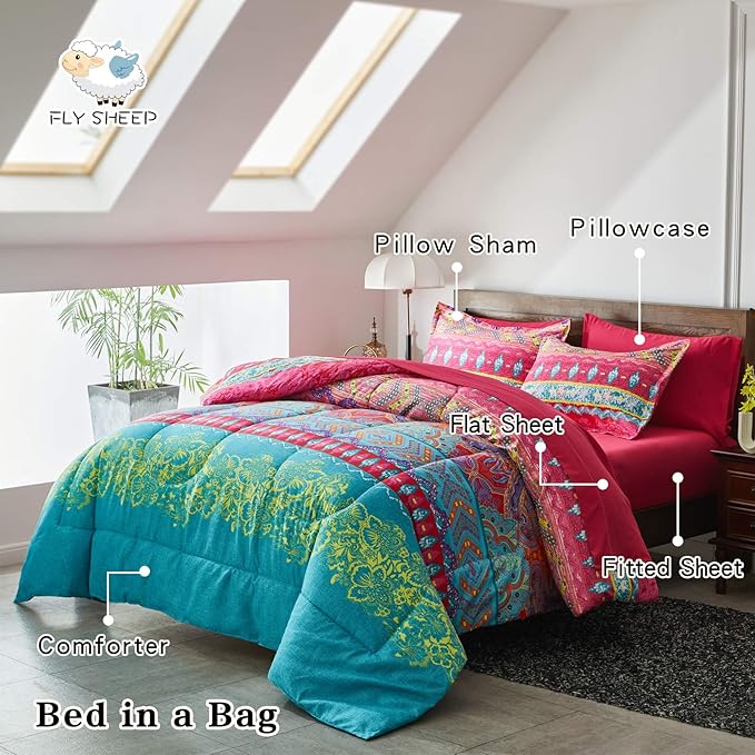 Flysheep Boho Bed in a Bag 7 Pieces Queen Size, Colorful Bohemian Tribal Style Pink n Blue Floral Reversible Comforter Set (1 Comforter, 1 Flat Sheet, 1 Fitted Sheet, 2 Pillow Shams, 2 Pillowcases)