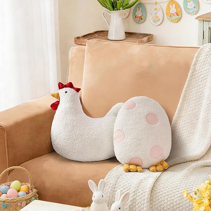 AELS Easter Egg & Chicken Shaped Throw Pillows, Set of 2, Easter Egg and Rooster Decorative Pillows, Spring Easter Decor for Sofa Couch Living Room Bedroom Nursery, White