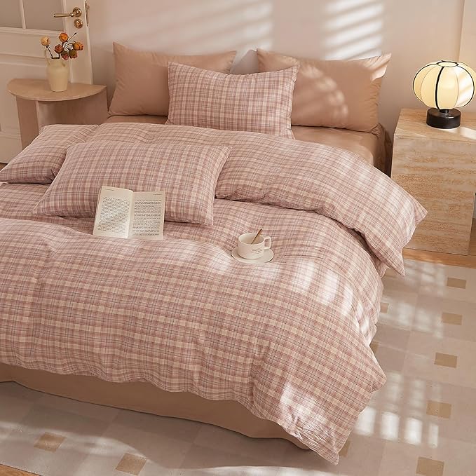 HighBuy Pink Gingham Comforter Set Full Cute Grid Plaid Comforter Set 3 Pieces Checkered Gingham Comforter with 2 Pillowcases for Boys Girls Soft Fluffy Bedding Set Farmhouse