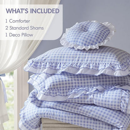 Intelligent Design Rowena Full Comforter Set – Blue Gingham Ruffled Bedding, Vintage Farmhouse Style, Reversible All Season 4-Piece Bedding Set, Full/Queen, Gift for Her