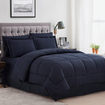 Queen Comforter Set Bedding Comforter Sets for Queen Bed Sweet Home Collection Bed in a Bag, Queen, Dobby Navy, (Pack of 3)