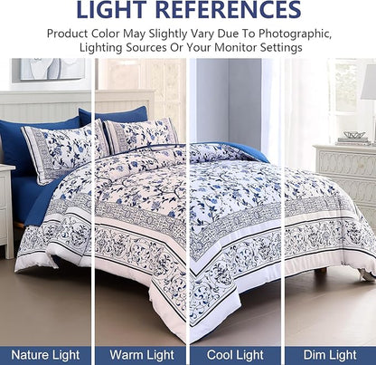 Dobuyly Floral King Size Comforter Set, Blue Flowers on White Botanical Bedding Set 7 Piece Bed in a Bag King, Soft Microfiber Bedding Comforter Sets with Sheets for All Season