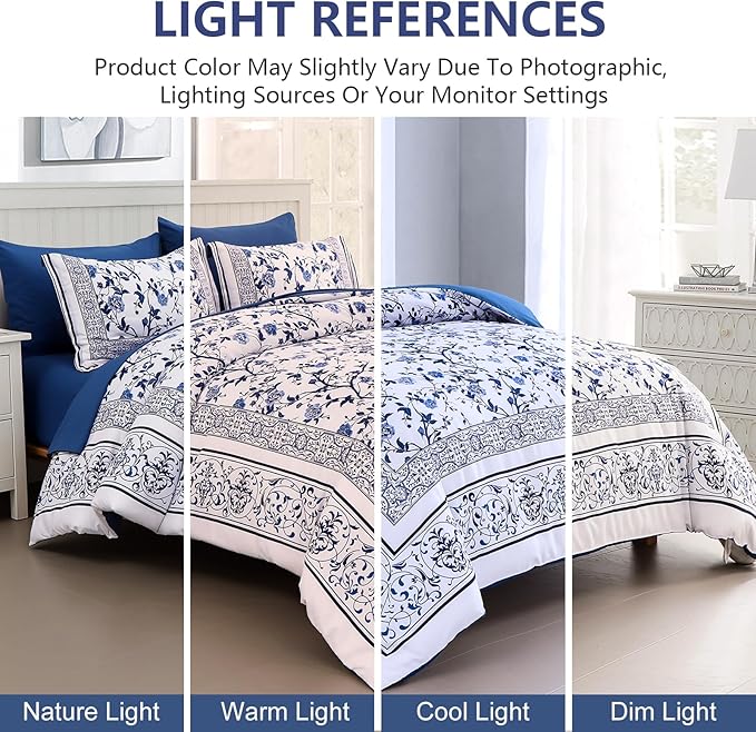 Dobuyly Floral Queen Comforter Set, 7 Piece Bed in a Bag Queen Size Blue Flowers on White Botanical Bedding Set, Soft Microfiber Bedding Comforter Sets with Sheets for All Season