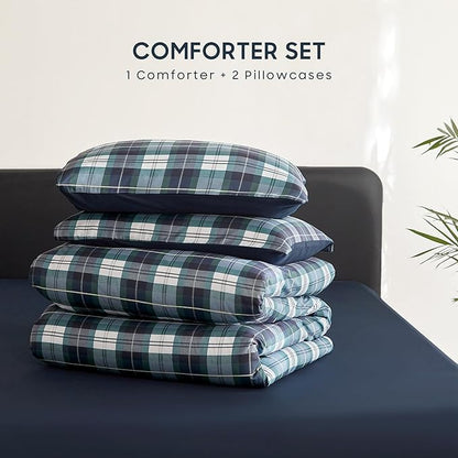 Wake In Cloud - Plaid Comforter Set, Scottish Tartan Check Geometric Modern Pattern Printed, Soft Lightweight Bedding, 3 Pieces, Navy Green, Twin/Twin XL Size