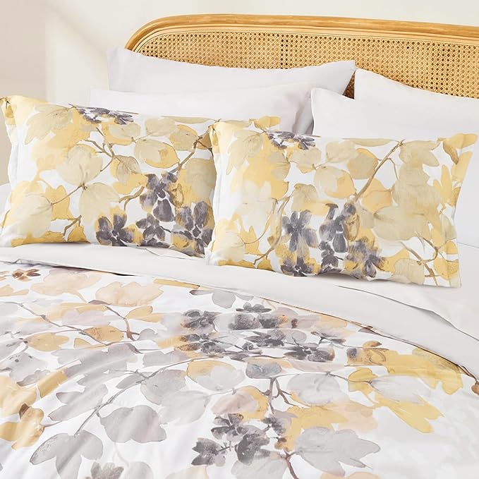 King Comforter Set Yellow Bed Set, 9 Pieces Cute Floral Bedding Set Ultra Soft Botanical Flowers Comforter, Sheets, Pillowcases & Shams