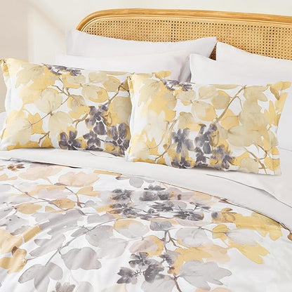 King Comforter Set Yellow Bed Set, 9 Pieces Cute Floral Bedding Set Ultra Soft Botanical Flowers Comforter, Sheets, Pillowcases & Shams