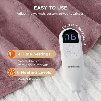 Bedsure Heated Blanket Throw Blanket - Fast Heating Electric Blanket, Soft Flannel Heated Throw with 4 Time Settings, 6 Heating Settings, Warm Gifts for Girls Women Grandma (50x60 inches, Pink)