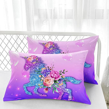 Dreamy Unicorn Comforter Sets Queen， Purple Dreamy Unicorn Bedding Sets for Kids,Flowers and Gradient Purple Comforter Sets All Season 1 Comforter and 2 Pillowcases