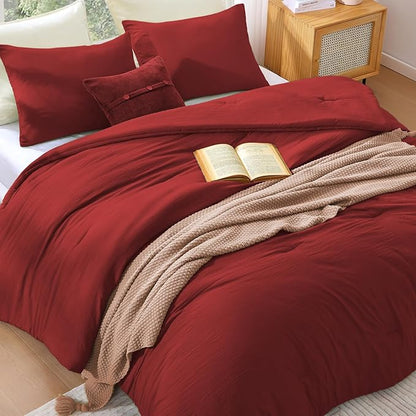 WRENSONGE Full Size Comforter Sets - 3 Pieces Bright Red Comforter Prewashed Soft Lightweight for All Seasons, Fluffy Down Alternative Comforter Full Size with 2 Pillow Shams