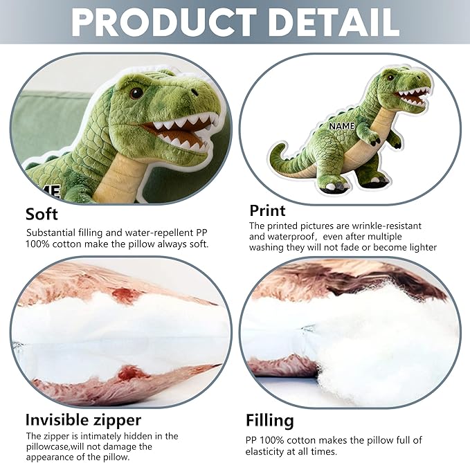 Custom Dinosaur Shaped Pillow Personalized Double-Sided Printed Cute Pillow Customized Christmas Party Commemorative Gift Sofa Decorative for Boys and Girls 8-32in