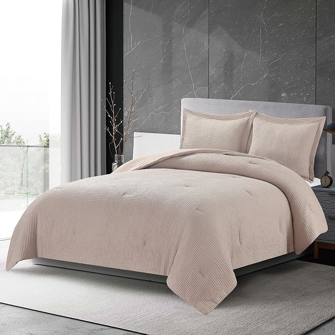 Chezmoi Collection Wilmer 3-Piece Waffle Weave Comforter Set - Soft and Cozy All Season Bedding Set, Queen, Ivory Cream