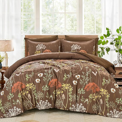 Yiran Brown Comforter Set King Size, 7 Piece Floral Dandelion Comforter Bedding Set, Botanical Bed in a Bag King, Soft Microfiber Complete Bedding Set with Sheets for All Season