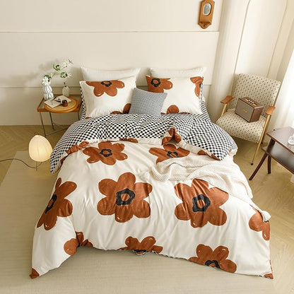 CLOTHKNOW Brown Floral Queen Comforter Set 3Pcs Sunflower Bedding Comforter Sets Black White Plaid Comforter Botanical Comforters with 2 x Pillow Cases