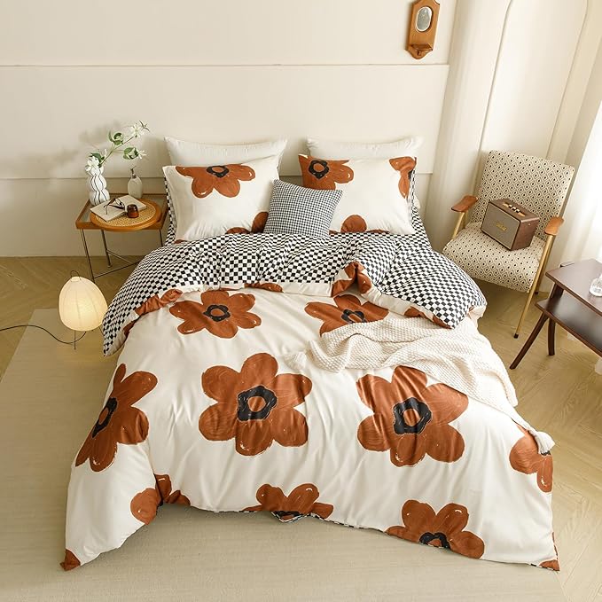 Cottonight Pumpkin Sunflower Comforter Set Brown King Women Girls Beige and Brown Floral Bedding Comforter Set Botanical Flowers Blanket Quilts Soft Breathable Cute Comforter
