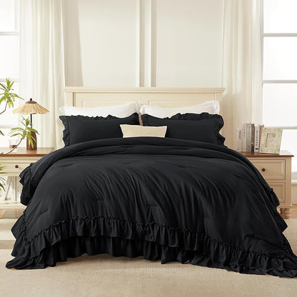 Andency Black Twin Size Comforter Set(66x90Inch), 2 Pieces Fluffy Farmhouse Shabby Chic Ruffle Bedding Comforter Sets, All Season Soft Lightweight Microfiber Bedding Set for Kids
