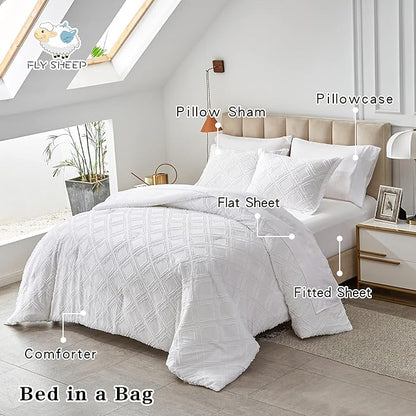 6 Pieces Tufted Bed in a Bag Twin Comforter Set with Sheets White, Soft and Embroidery Shabby Chic Boho Bohemian Design, Luxury Solid Color with Diamond Pattern, Jacquard Tufts Bedding Set for Kids