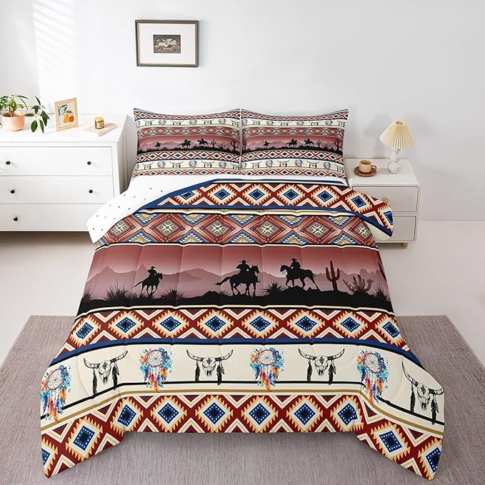 Erosebridal Horse Decor Western Comforter Set King,Farm Animals Quilt Indian Tribal Geometric Aztec Bedding Sets,Exotic Dream Catcher Feather Duvet Insert Farmhouse Western Room Decor,Red